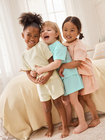 |Girl| Conjunto De 3 Pijamas Com Detalhes Bordados Em Tons De Azul-Turquesa, Pêssego e Amarelo (9 meses a 12 anos)