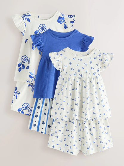 |Girl| Conjunto De 3 Pijamas Curtos Snuggle Com Estampa Floral Azul (9 meses a 8 anos)