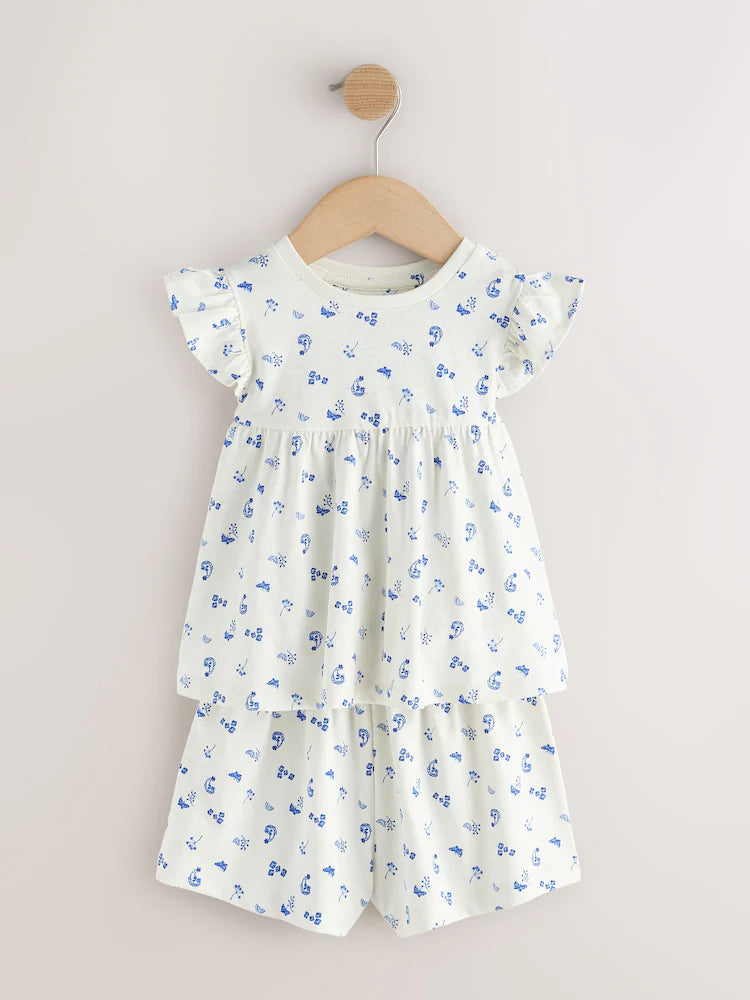 |Girl| Conjunto De 3 Pijamas Curtos Snuggle Com Estampa Floral Azul (9 meses a 8 anos)