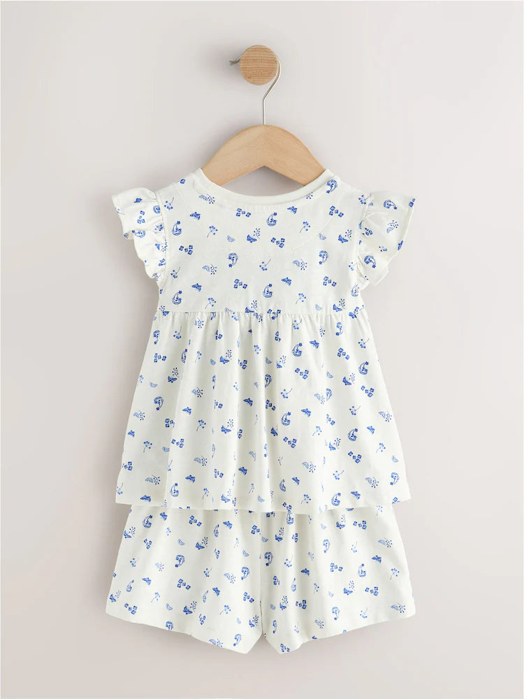 |Girl| Conjunto De 3 Pijamas Curtos Snuggle Com Estampa Floral Azul (9 meses a 8 anos)