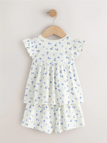 |Girl| Conjunto De 3 Pijamas Curtos Snuggle Com Estampa Floral Azul (9 meses a 8 anos)