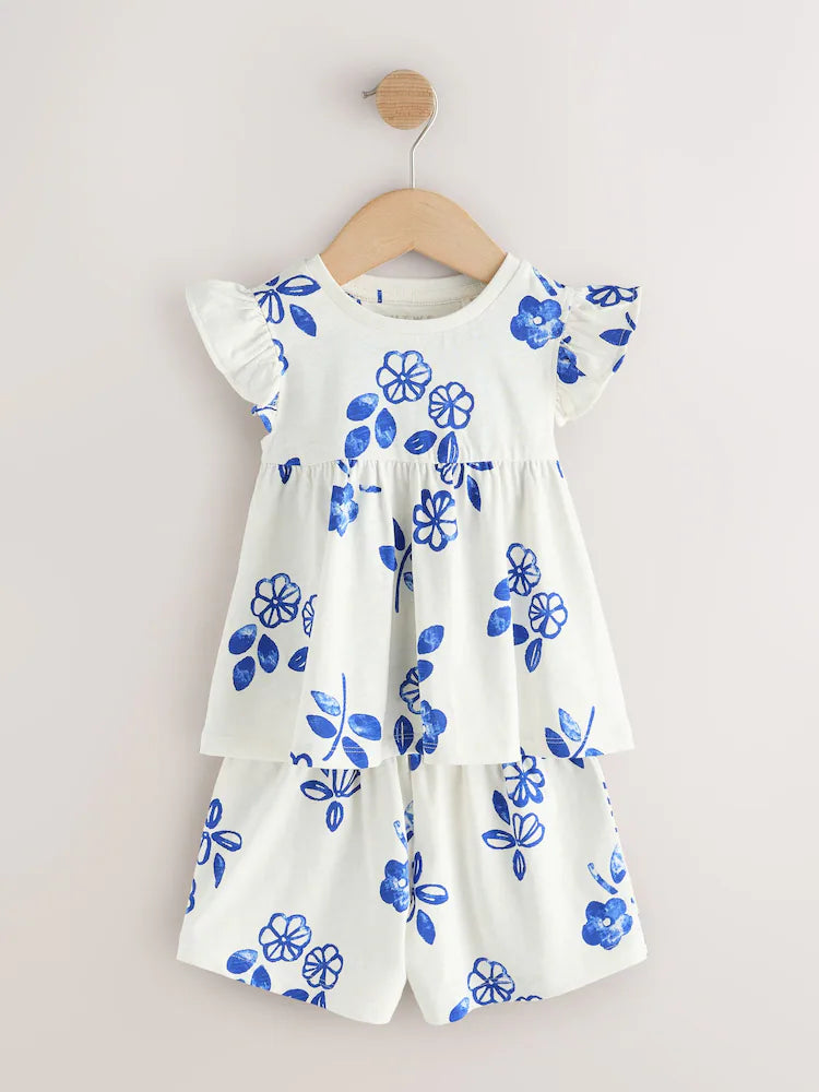 |Girl| Conjunto De 3 Pijamas Curtos Snuggle Com Estampa Floral Azul (9 meses a 8 anos)