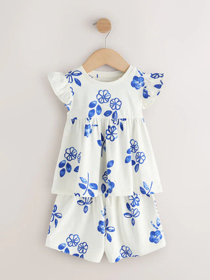 |Girl| Conjunto De 3 Pijamas Curtos Snuggle Com Estampa Floral Azul (9 meses a 8 anos)