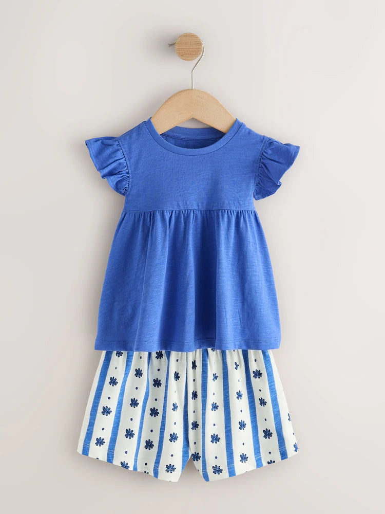 |Girl| Conjunto De 3 Pijamas Curtos Snuggle Com Estampa Floral Azul (9 meses a 8 anos)