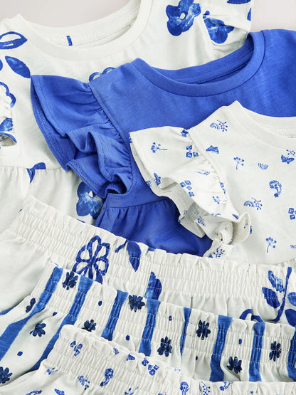 |Girl| Conjunto De 3 Pijamas Curtos Snuggle Com Estampa Floral Azul (9 meses a 8 anos)