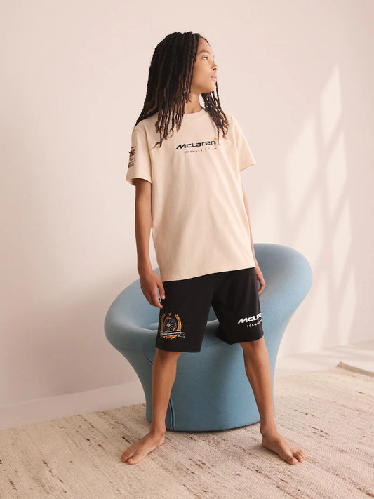 |BigGirl| Pijama Curto McLaren Individual Preto/Cru (3-16 anos)