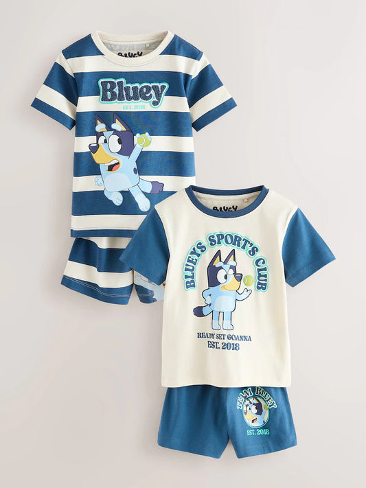 |Boy| Conjunto De 2 Pijamas Curtos Bluey Nas Cores Azul e Branco (12 meses a 8 anos)