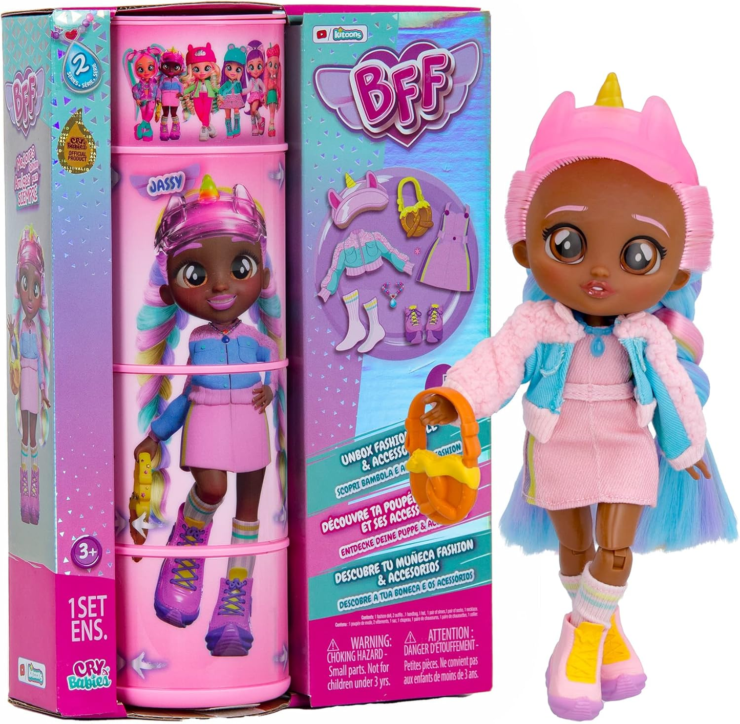 BFF by Cry Babies S2 Bruny Boneca colecionável de moda com cabelo comprido, roupas de tecido e 10 acessórios - Brinde de brinquedo para meninas e meninos +5 anos