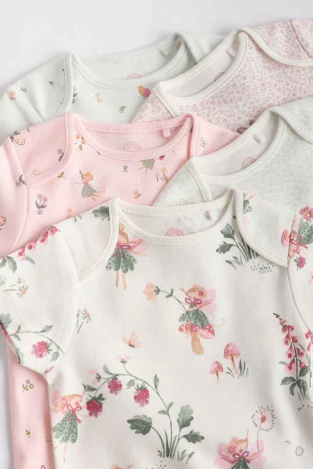|BabyGirl| Body De Algodão De Manga Curta ara bebê rosa e branco Fairy, Pacote Com 5