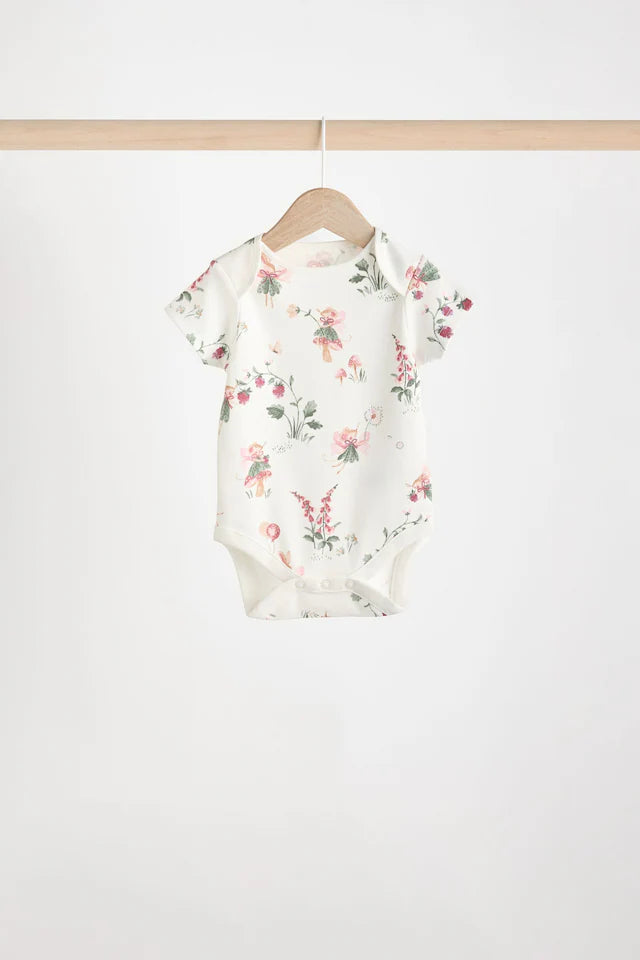 |BabyGirl| Body De Algodão De Manga Curta ara bebê rosa e branco Fairy, Pacote Com 5