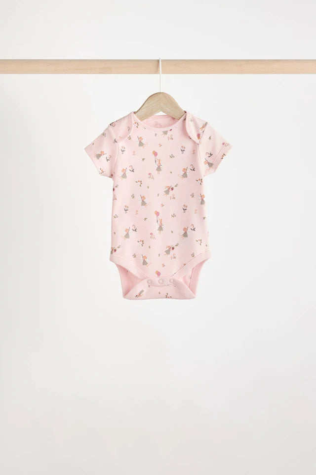 |BabyGirl| Body De Algodão De Manga Curta ara bebê rosa e branco Fairy, Pacote Com 5