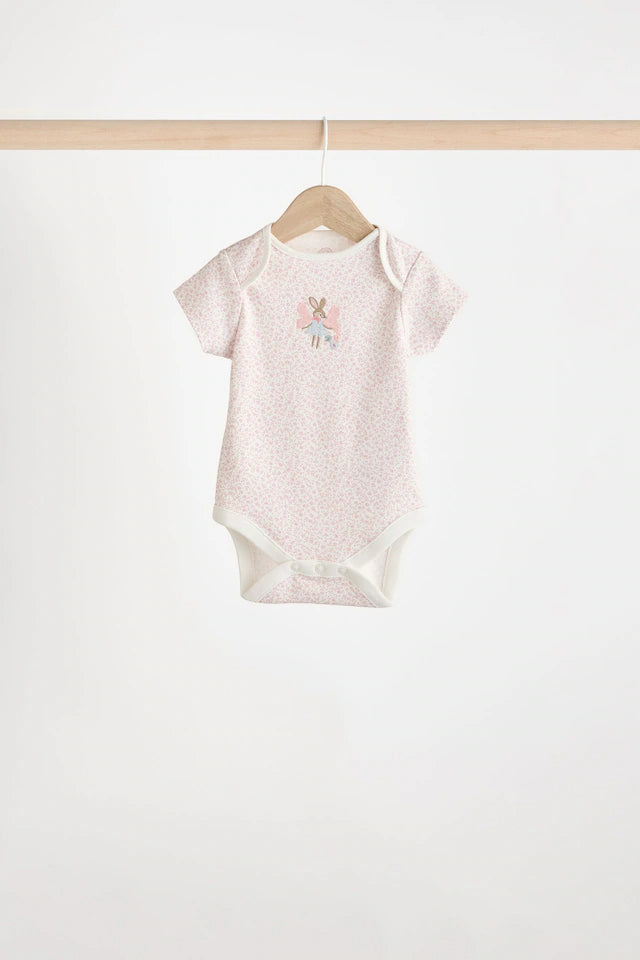 |BabyGirl| Body De Algodão De Manga Curta ara bebê rosa e branco Fairy, Pacote Com 5