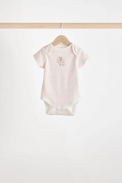 |BabyGirl| Body De Algodão De Manga Curta ara bebê rosa e branco Fairy, Pacote Com 5