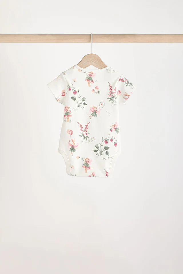 |BabyGirl| Body De Algodão De Manga Curta ara bebê rosa e branco Fairy, Pacote Com 5