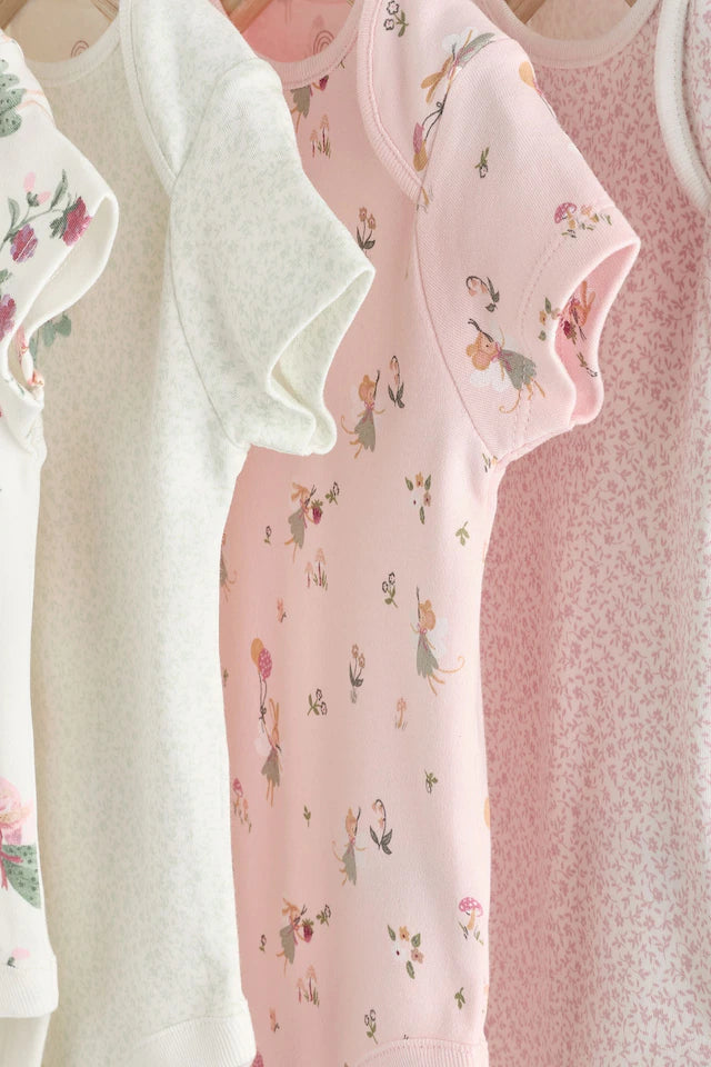 |BabyGirl| Body De Algodão De Manga Curta ara bebê rosa e branco Fairy, Pacote Com 5