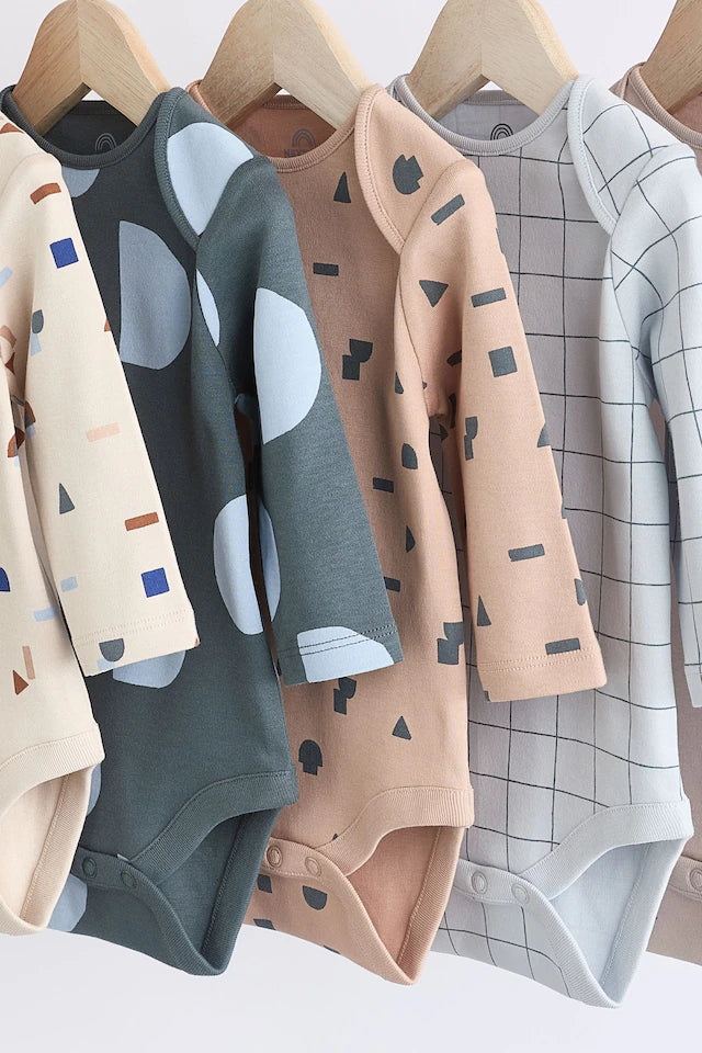 |BabyBoy| Macacões De Manga Comprida Estampados Em Azul Para Bebê 100% Algodão, Pacote Com 5