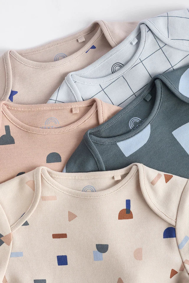 |BabyBoy| Macacões De Manga Comprida Estampados Em Azul Para Bebê 100% Algodão, Pacote Com 5