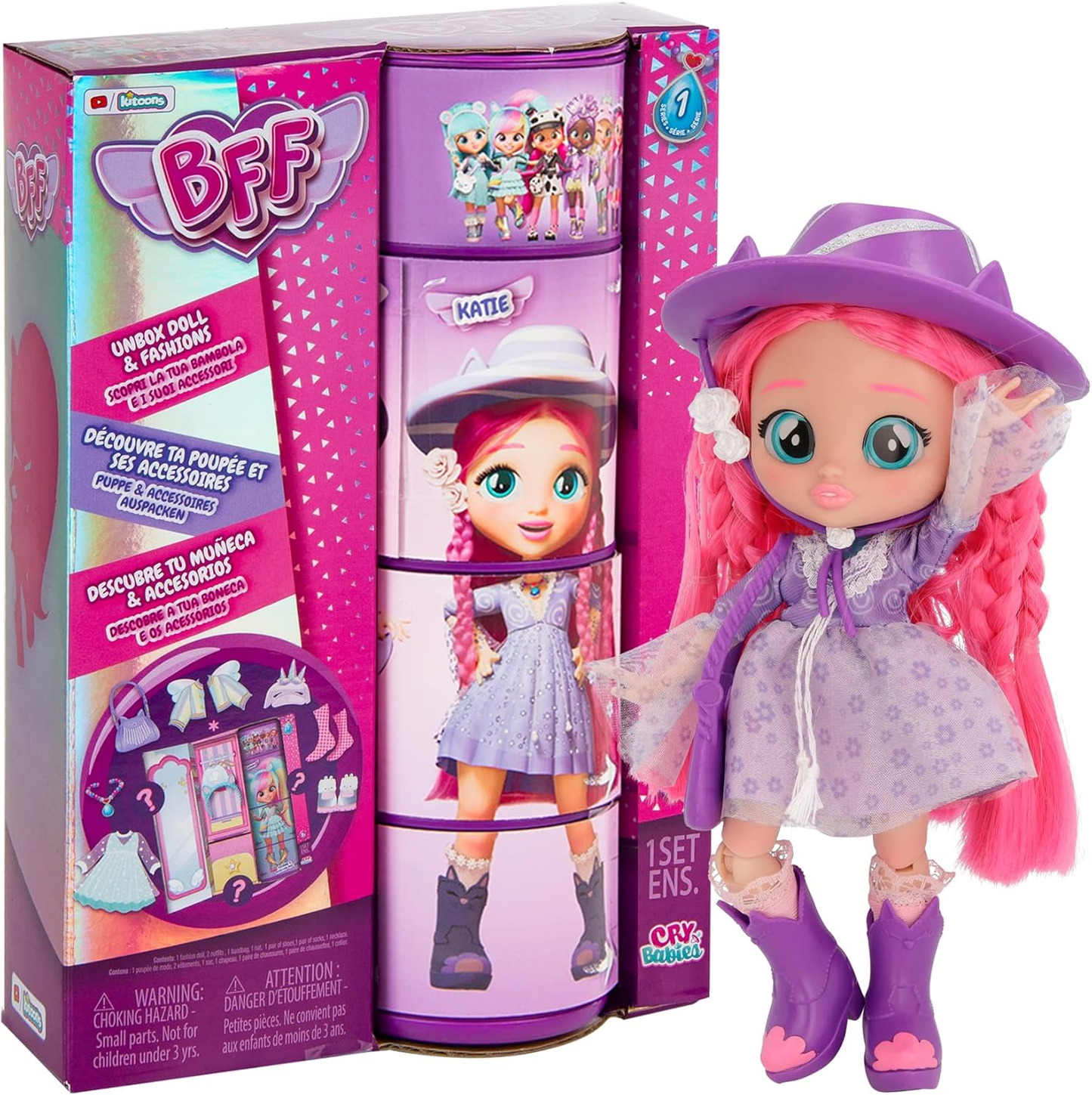 BFF by Cry Babies S2 Bruny Boneca colecionável de moda com cabelo comprido, roupas de tecido e 10 acessórios - Brinde de brinquedo para meninas e meninos +5 anos