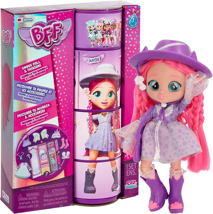 BFF by Cry Babies S2 Bruny Boneca colecionável de moda com cabelo comprido, roupas de tecido e 10 acessórios - Brinde de brinquedo para meninas e meninos +5 anos