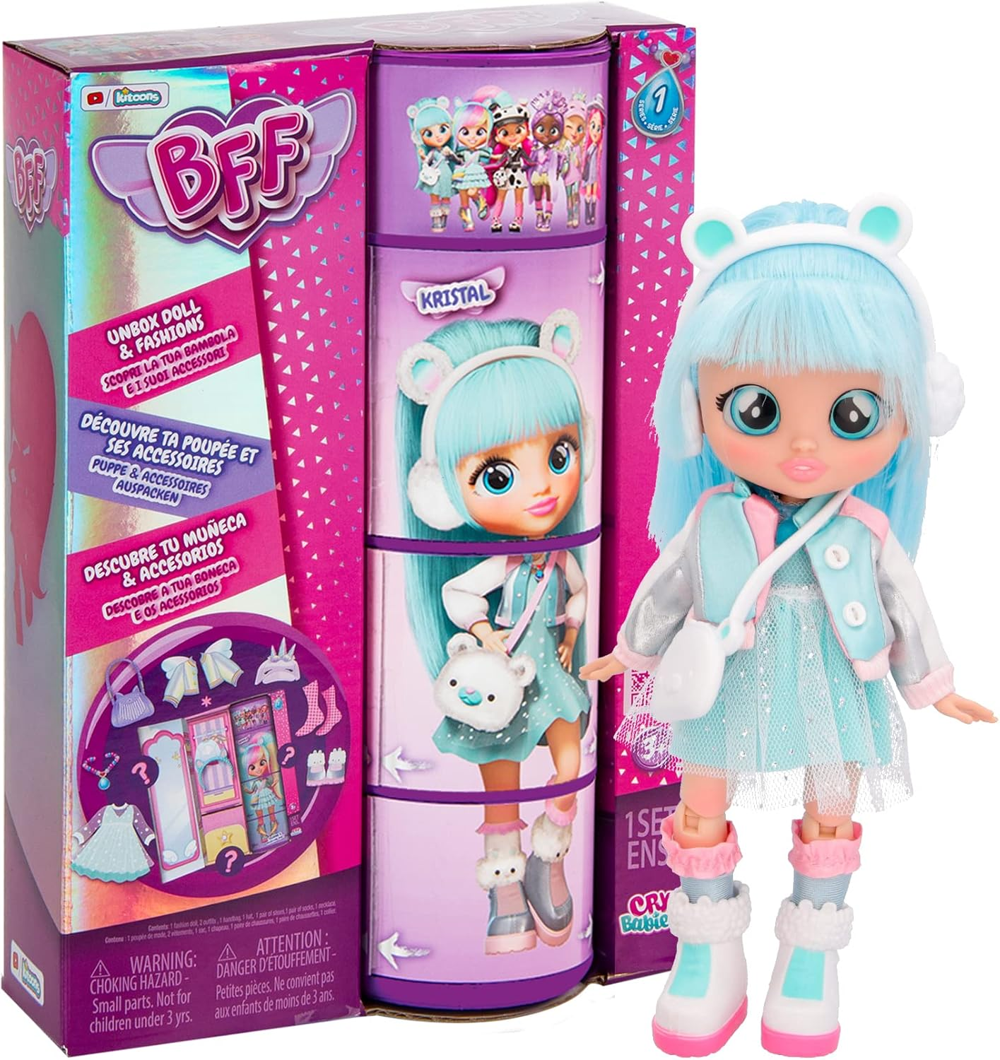 BFF by Cry Babies S2 Bruny Boneca colecionável de moda com cabelo comprido, roupas de tecido e 10 acessórios - Brinde de brinquedo para meninas e meninos +5 anos