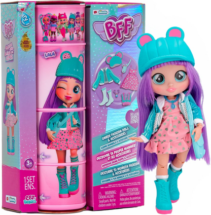 BFF by Cry Babies S2 Bruny Boneca colecionável de moda com cabelo comprido, roupas de tecido e 10 acessórios - Brinde de brinquedo para meninas e meninos +5 anos