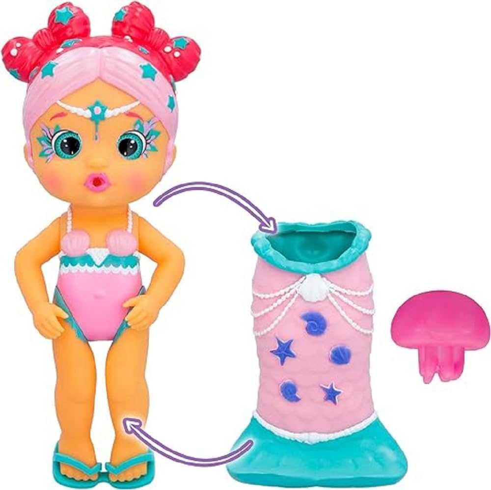 BLOOPIES Magic Tail Mermaids Boneca Millie Mermaid com cauda brilhante removível e o seu amigo marinho; Esguicha água e faz bolhas - Brinquedo de banho e brincadeira para meninos e meninas