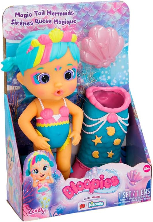 BLOOPIES Magic Tail Mermaids Boneca Millie Mermaid com cauda brilhante removível e o seu amigo marinho; Esguicha água e faz bolhas - Brinquedo de banho e brincadeira para meninos e meninas
