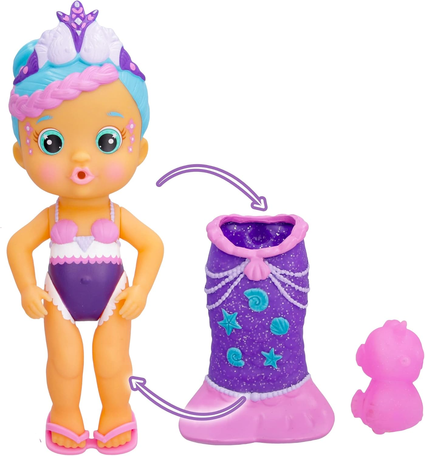 BLOOPIES Magic Tail Mermaids Boneca Millie Mermaid com cauda brilhante removível e o seu amigo marinho; Esguicha água e faz bolhas - Brinquedo de banho e brincadeira para meninos e meninas