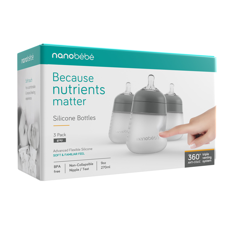 Nanobebe Flexy Silicone Garrafas Cinza 270ml 3 unidades