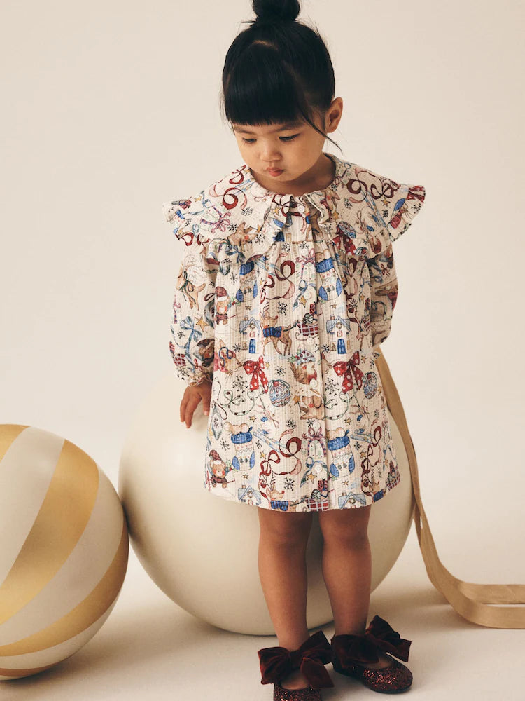 |Girl| Vestido Creme de Manga Longa com Gola e Estampa de Urso Papai Noel (3 meses a 7 anos)