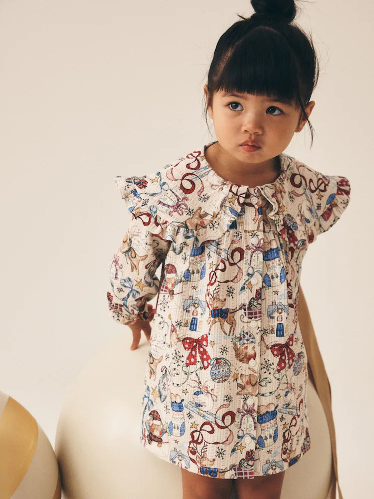 |Girl| Vestido Creme de Manga Longa com Gola e Estampa de Urso Papai Noel (3 meses a 7 anos)