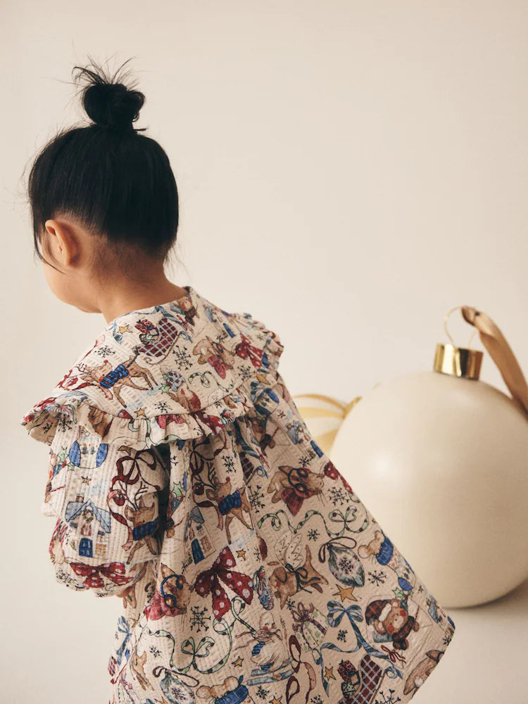 |Girl| Vestido Creme de Manga Longa com Gola e Estampa de Urso Papai Noel (3 meses a 7 anos)