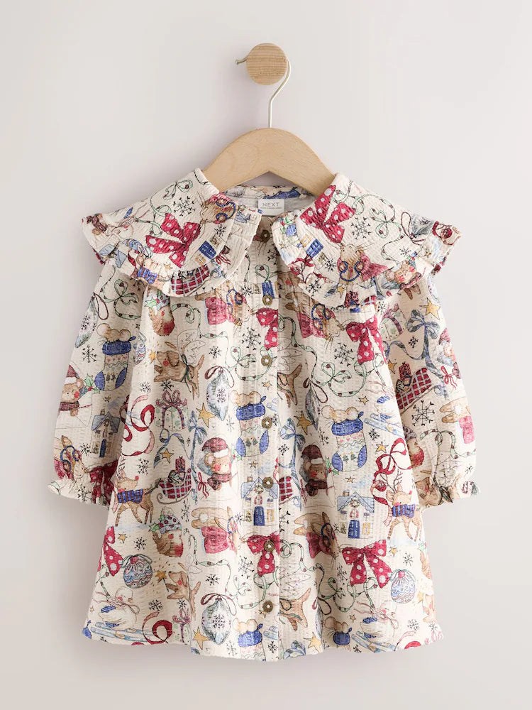 |Girl| Vestido Creme de Manga Longa com Gola e Estampa de Urso Papai Noel (3 meses a 7 anos)