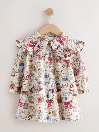 |Girl| Vestido Creme de Manga Longa com Gola e Estampa de Urso Papai Noel (3 meses a 7 anos)