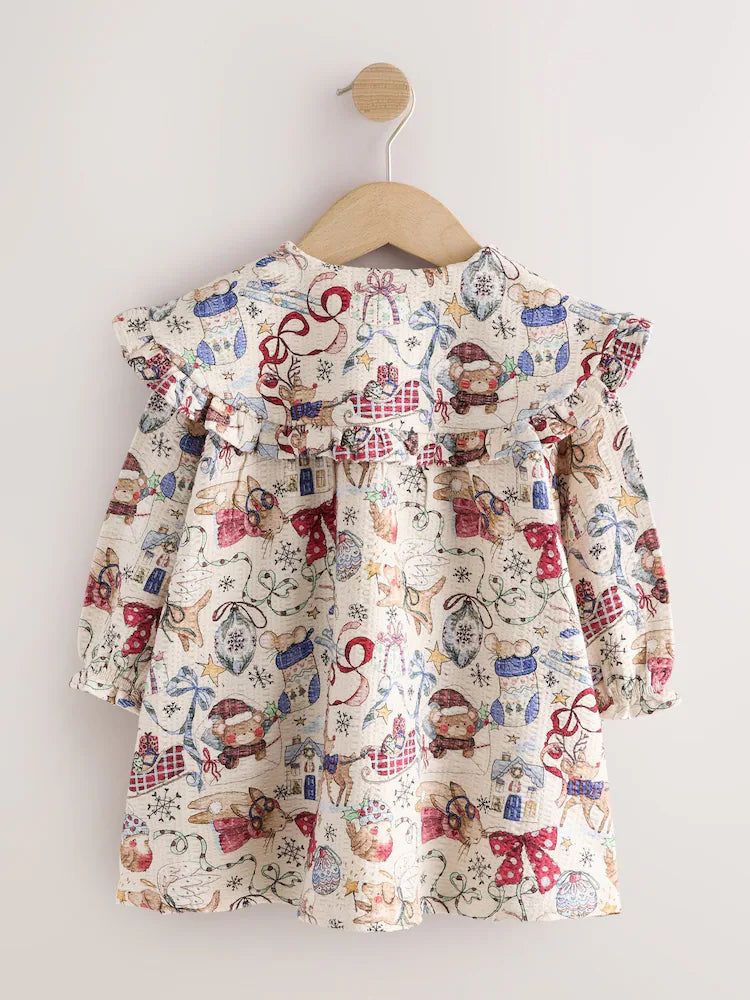 |Girl| Vestido Creme de Manga Longa com Gola e Estampa de Urso Papai Noel (3 meses a 7 anos)