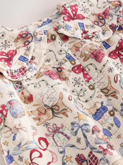 |Girl| Vestido Creme de Manga Longa com Gola e Estampa de Urso Papai Noel (3 meses a 7 anos)