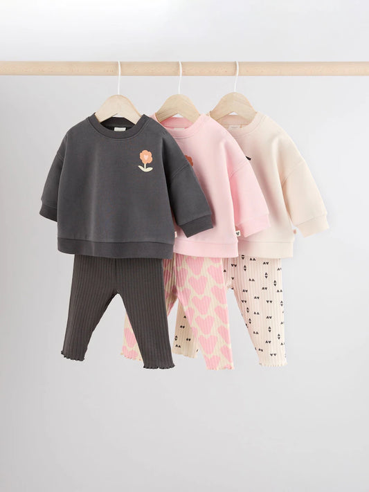 |BabyGirl| Conjunto De 6 Unidades De Moletom e Leggings Estampados Com Flores Pretas e Brancas