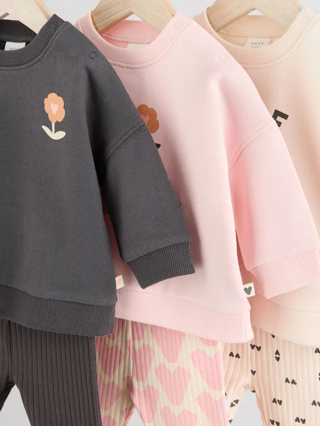 |BabyGirl| Conjunto De 6 Unidades De Moletom e Leggings Estampados Com Flores Pretas e Brancas