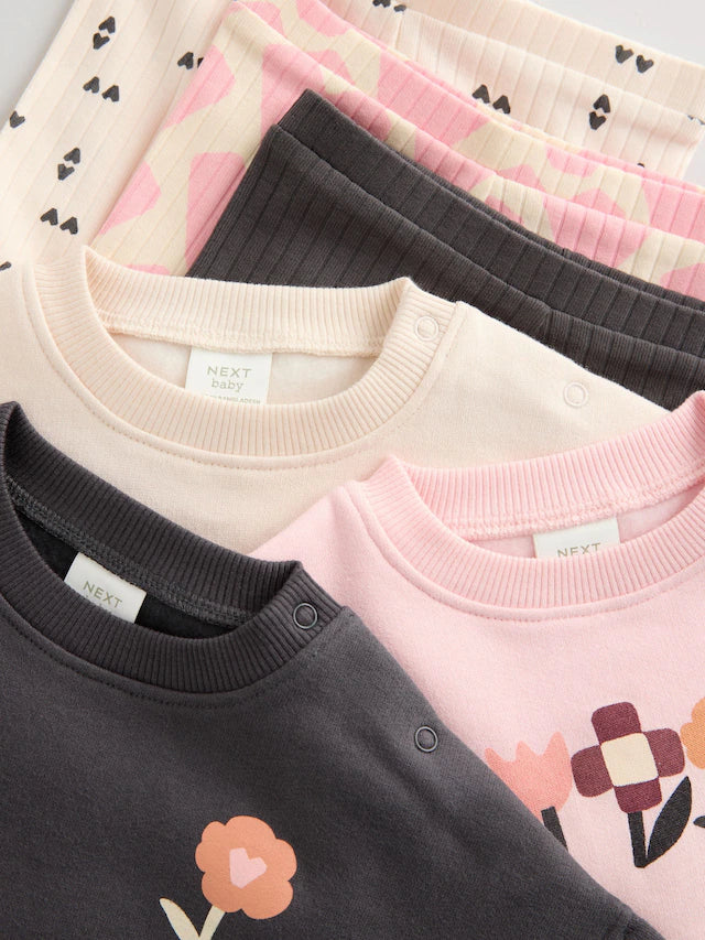 |BabyGirl| Conjunto De 6 Unidades De Moletom e Leggings Estampados Com Flores Pretas e Brancas