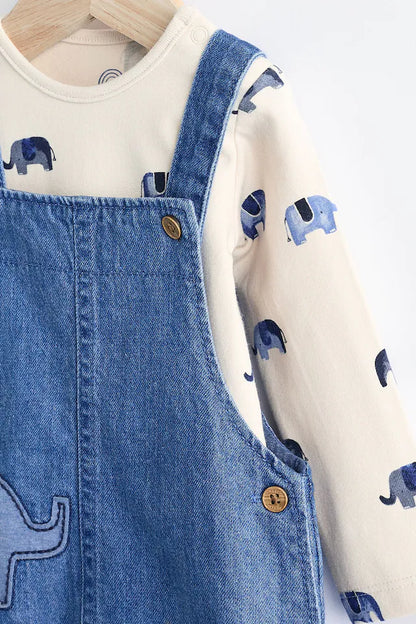 |BabyBoy| Conjunto De Macacão e Macacão Jeans Para Bebê Blue Elephant (0 meses a 2 anos)