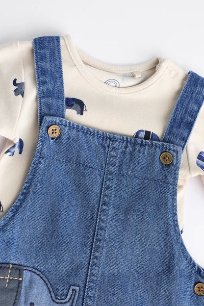 |BabyBoy| Conjunto De Macacão e Macacão Jeans Para Bebê Blue Elephant (0 meses a 2 anos)