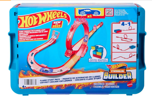 Hot Wheels Conjunto de pistas, conjunto de pistas com tema de fogo e 1 carro Hot Wheels, 16 componentes de construção de pistas e acrobacias em caixa de armazenamento de brinquedos empilhável, HMC04