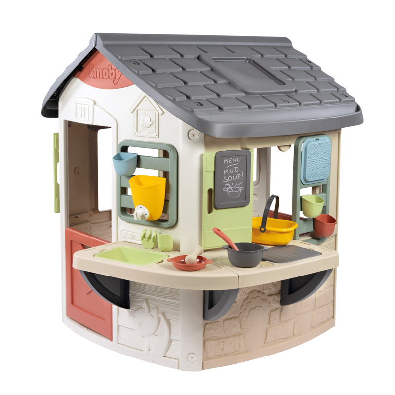 Smoby Life Mud Cooking House Kids Outdoor Play Kitchen with Water Tank, Bowls, Utensils & Chalkboard