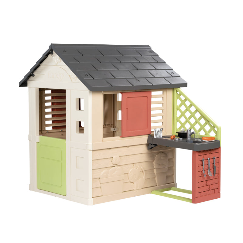 Smoby Life Nature Playhouse with Outdoor Kitchen, Grill, Accessories, 2 Windows & Shutters for Kids