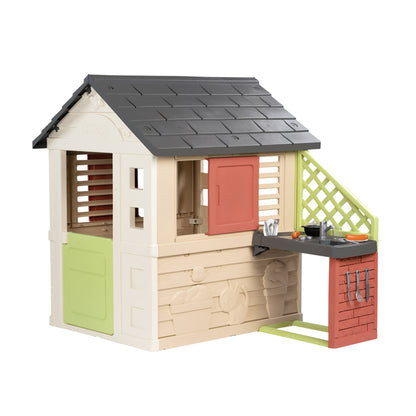 Smoby Life Nature Playhouse with Outdoor Kitchen, Grill, Accessories, 2 Windows & Shutters for Kids