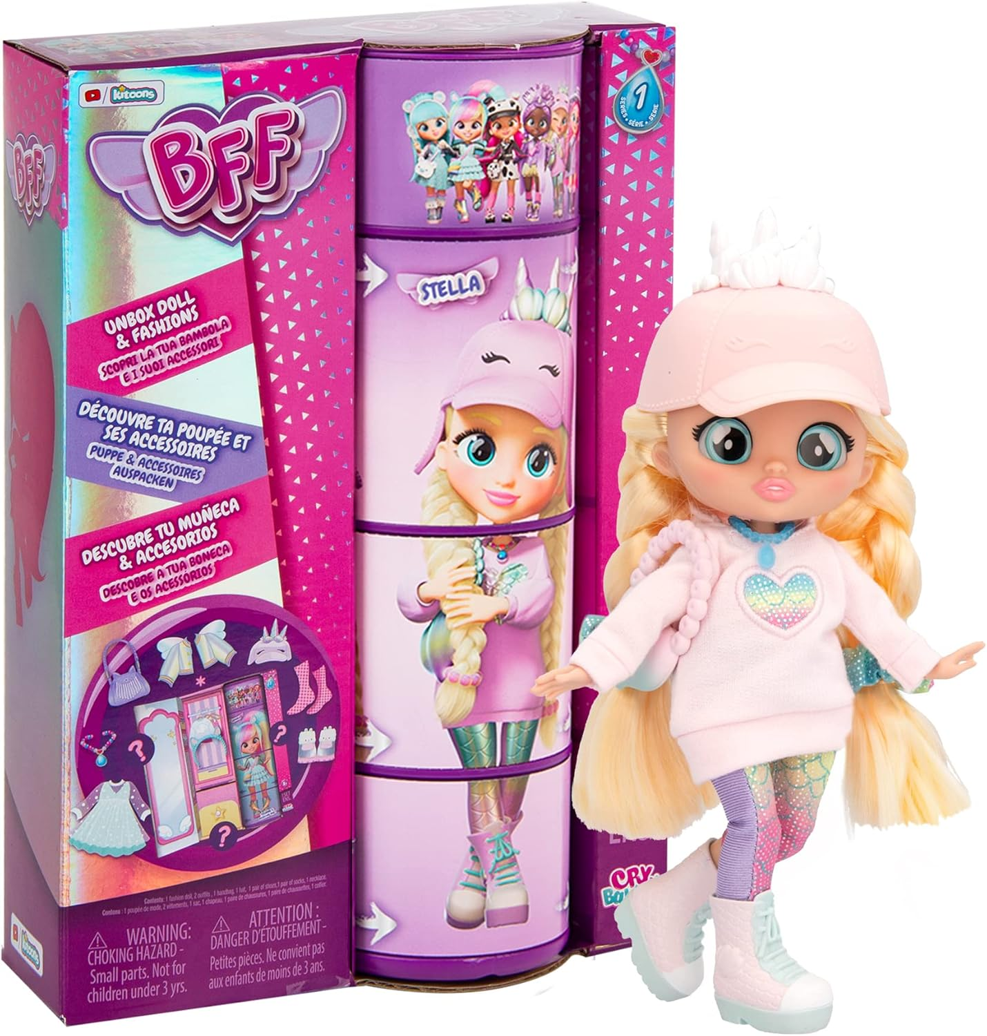 BFF by Cry Babies S2 Bruny Boneca colecionável de moda com cabelo comprido, roupas de tecido e 10 acessórios - Brinde de brinquedo para meninas e meninos +5 anos