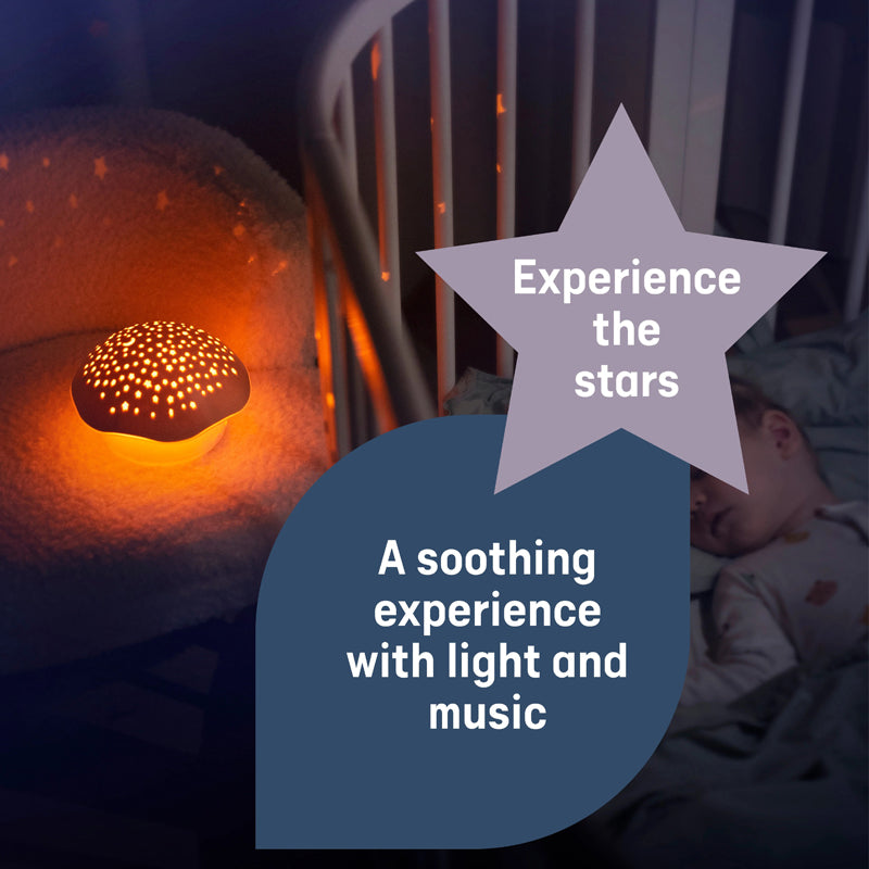 Angelcare Pabobo da - Projetor Musical de Estrelas em Formato de Cogumelo - Uma experiência relaxante em tons de rosa com luz e música.