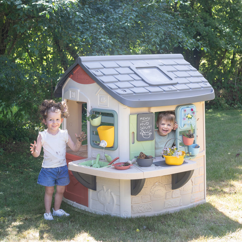 Smoby Life Mud Cooking House Kids Outdoor Play Kitchen with Water Tank, Bowls, Utensils & Chalkboard