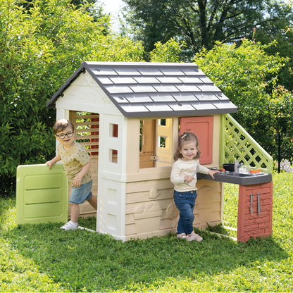 Smoby Life Nature Playhouse with Outdoor Kitchen, Grill, Accessories, 2 Windows & Shutters for Kids