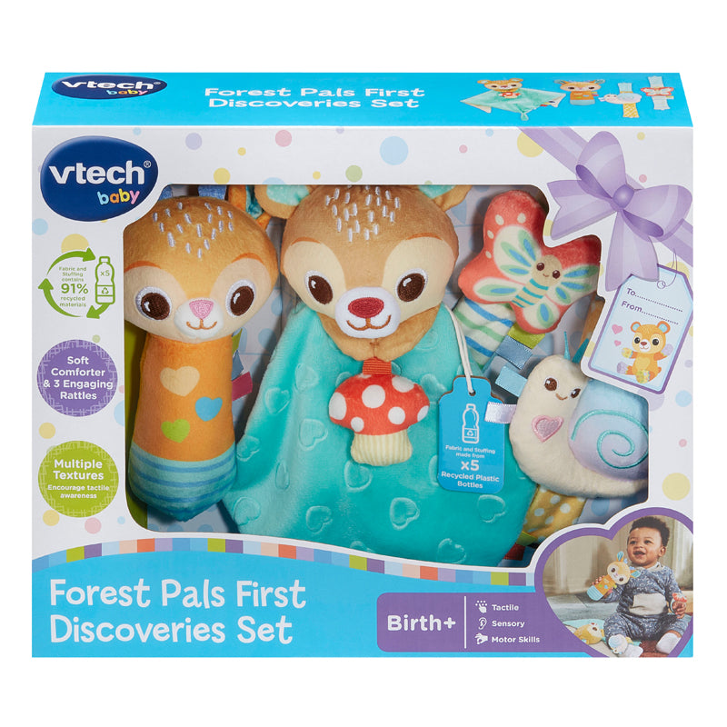 VTech Conjunto Forest Pals First Discoveries com cogumelo de tecido, sino suave e fitas coloridas.